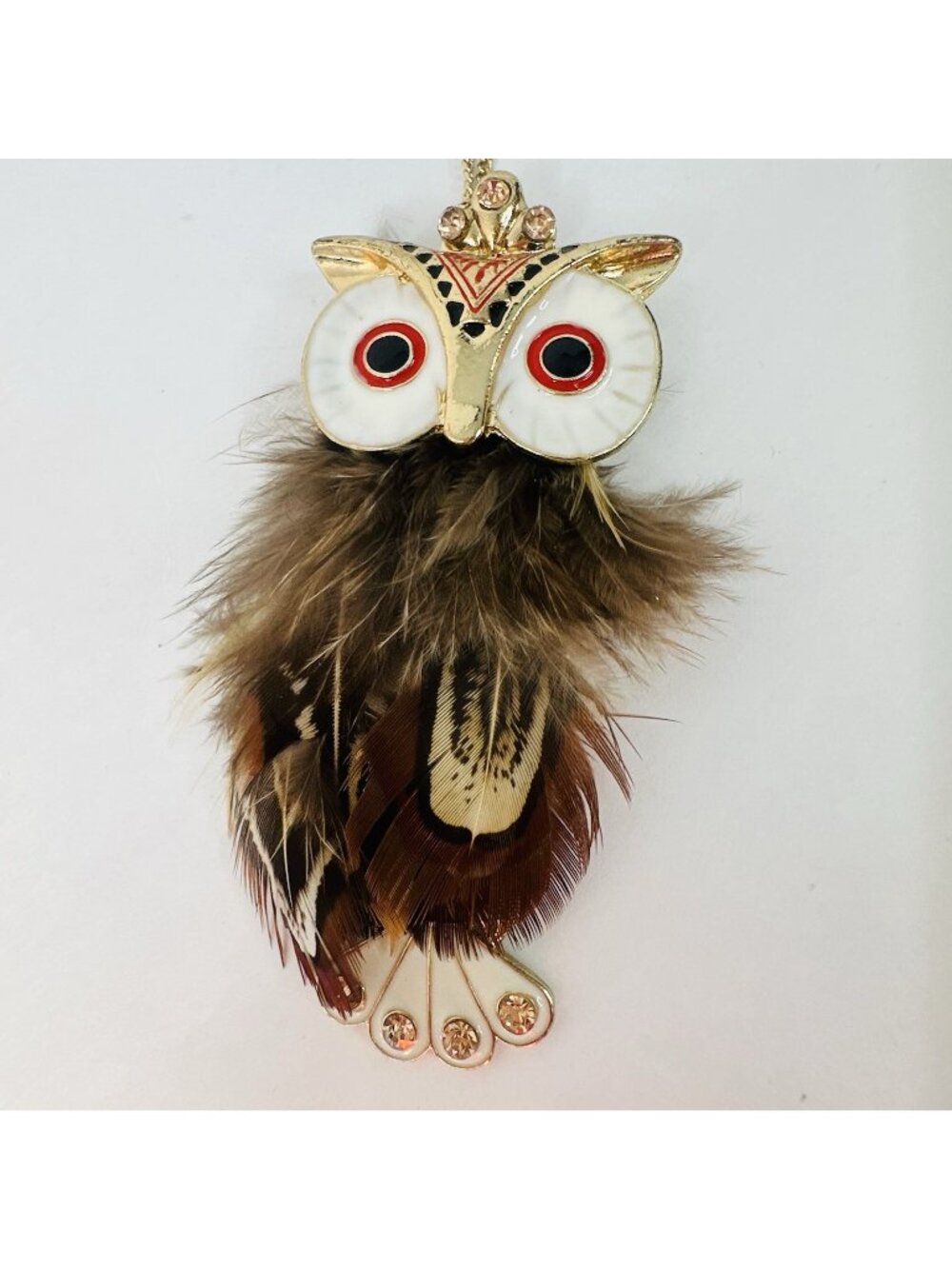 2x Owl Pendant Necklaces Long Real Feathers 30”+ Gold Tone Articulated Enamel